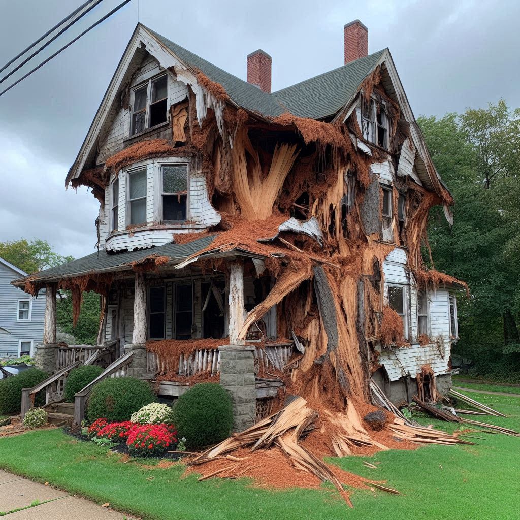 Damaged tree on an Hillside home showing signs of disease and decay